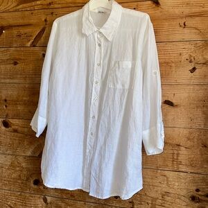 Allen Allen White 100% Linen Roll Tab Sleeves Button Down Top